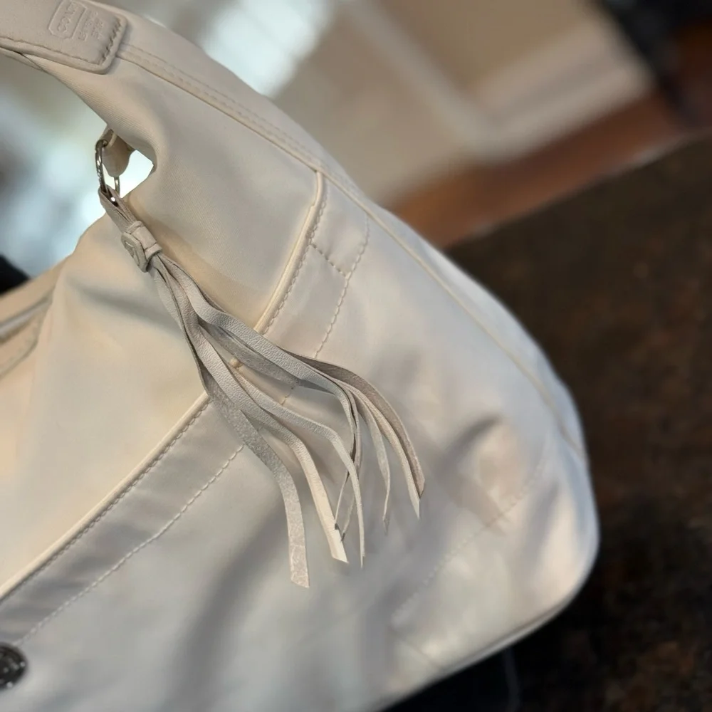 Coach White Nylon Leatherwear Hobo Bag with Tassel